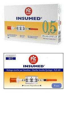 SIRINGA PER INSULINA PIC INSUMED 0,5 ML 100 UI AGO GAUGE 29 LUNGHEZZA 12,7 MM SENZA SPAZIO MORTO 3 SACCHETTI DA 30 PEZZI - Newepa Srl
