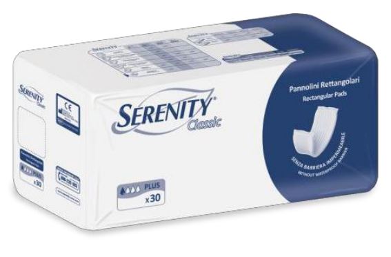 PANNOLONE PER INCONTINENZA RETTANGOLARE SENZA BARRIERA IMPERMEABILE SERENITY CLASSIC 30 PEZZI - Newepa Srl
