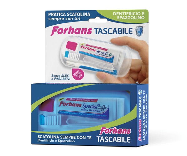 FORHANS TRAVEL KIT TASCABILE COMPOSTO DA SPAZZOLINO DA VIAGGIO + FORHANS SPECIAL PASTA DENTIFRICIA TUBETTO 12,5 ML - Newepa Srl