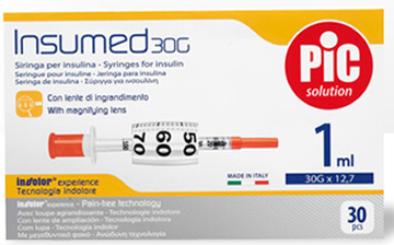 SIRINGA INSULINA PIC INSUMED 1 ML 100 UI AGO GAUGE 30 12,7 MM SENZA SPAZIO MORTO 30 PEZZI - Newepa Srl