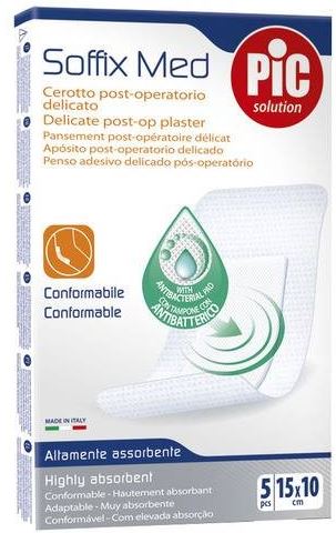 CEROTTO PIC SOFFIX MED IN TNT CON TAMPONE CENTRALE ASSORBENTE STERILE MONOUSO 10X15 CM ANTIBATTERICO 5 PEZZI - Newepa Srl