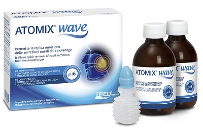 ATOMIX WAVE DISPOSITIVO PER IGIENE RINOFARINGEA ATOMIX SOLUZIONE SALINA 250 ML 2 PEZZI + TERMINALE NASALE + EROGATORE A SOFFIETTO - Newepa Srl