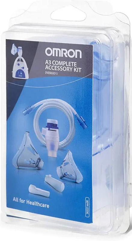 OMRON A3 COMPLETE KIT RICAMBIO AMPOLLA REGOLABILE + TUBO + MASCHERINA PEDIATRICA + MASCHERINA ADULTI + FORCELLE NASALI + BOCCAGLIO - Newepa Srl