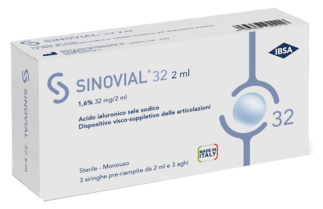 SIRINGA INTRA-ARTICOLARE SINOVIAL 32 ACIDO IALURONICO SALE SODICO 1,6% 32MG/2ML 3 SIRINGHE X 2ML + 3 AGHI - Newepa Srl