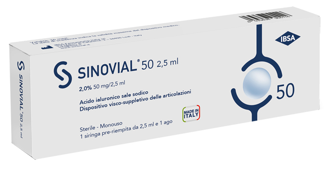 SIRINGA INTRA-ARTICOLARE SINOVIAL 50 ACIDO IALURONICO SALE SODICO 2% 50MG/2,5ML 2,5ML + AGO 21 GAUGE - Newepa Srl