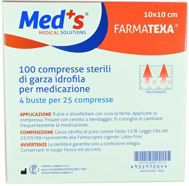 GARZA COMPRESSA IDROFILA MEDS FARMATEXA 2/8 10X10CM 100 PEZZI - Newepa Srl