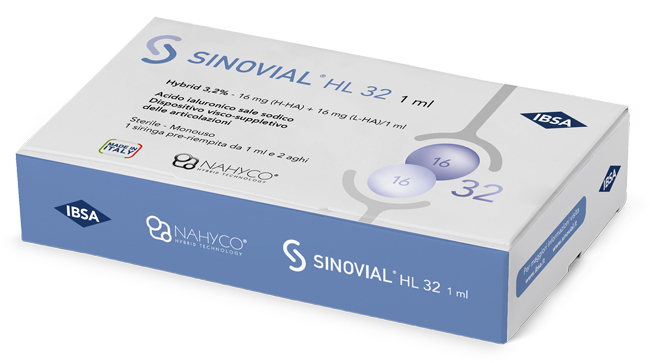 SIRINGA INTRA-ARTICOLARE SINOVIAL HL 32 ACIDO IALURONICO SALE SODICO 16MG H-HA + 16MG H-LA/1ML + AGO 22 GAUGE + AGO 29 GAUGE - Newepa Srl