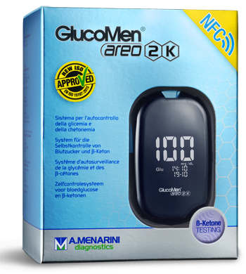 GLUCOMETRO GLUCOMEN AREO 2K PER AUTOMISURAZIONE DELLA GLICEMIA DA SANGUE INTERO CAPILLARE DIMENSIONE 85,5X56X18,2 MM PESO 46 G - Newepa Srl