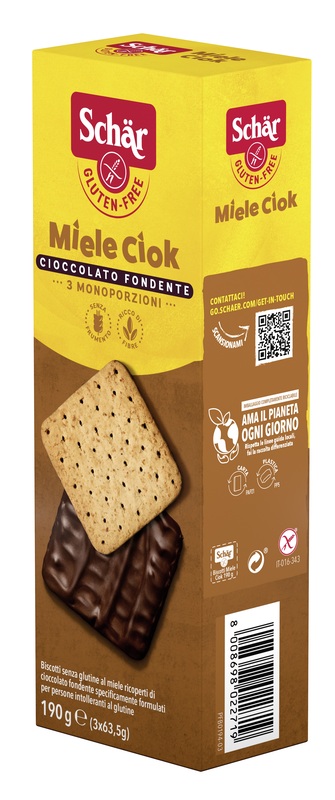 SCHAR MIELE CIOK BISCOTTI AL MIELE RICOPERTI DI CIOCCOLATO FONDENTE 3 PORZIONI DA 63,5 G - Newepa Srl