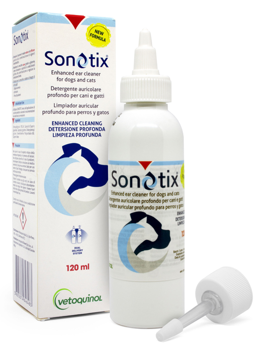 SONOTIX DETERGENTE AURICOLARE PROFONDO CANI E GATTI 120 ML + CANNULA CORTA RIGIDA + CANNULA LUNGA FLESSIBILE - Newepa Srl