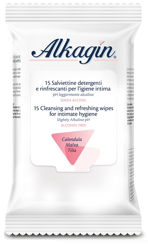 ALKAGIN SALVIETTINE DETERGENTI E RINFRESCANTI PER L'IGIENE INTIMA PH LEGGERMENTE ALCALINO SENZA ALCOOL 15 PEZZI CALENDULA MALVA E TILIA - Newepa Srl