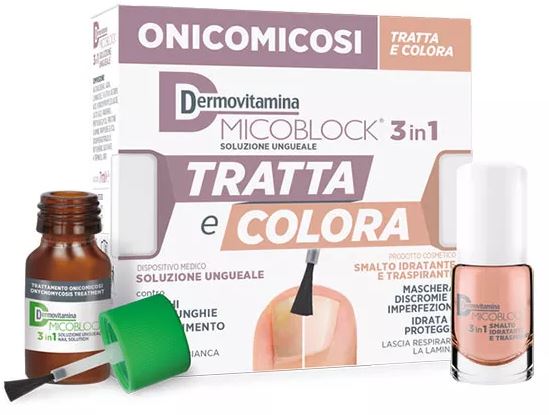 DERMOVITAMINA MICOBLOCK 3 IN 1 TRATTA E COLORA SOLUZIONE UNGUEALE 7 ML + SMALTO IDRATANTE TRASPIRANTE 5 ML - Newepa Srl