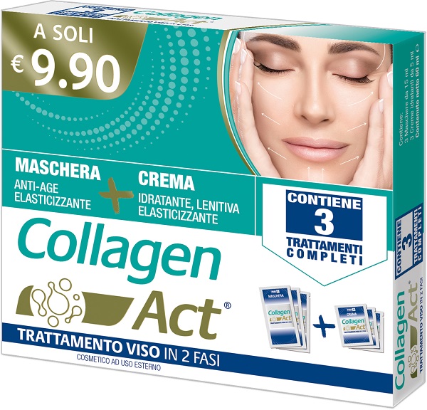 COLLAGEN ACT TRATTAMENTO VISO 2 FASI MASCHERA ANTI AGE ELASTICIZZANTE 3 PEZZI DA 15 ML + CREMA IDRATANTE LENITIVA ELASTICIZZANTE 3 PEZZI DA 5 ML - Newepa Srl