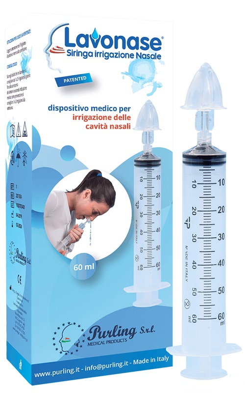 LAVONASE IRRIGAZIONE NASALE NON STERILE SIRINGA 60 ML + LUER-LOCK CON CAPPUCCIO + UGELLO NASALE CON RACCORDO LUER-LOCK + PERFORATORE CON VALVOLA NON RITORNO CON TAPPO - Newepa Srl