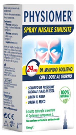 PHYSIOMER SPRAY NASALE SINUSITE 2 PEZZI 1 FLACONE DA 50 MG DI ESTRATTO DI CICLAMINO NATURALE LIOFILIZZATO + 1 FIALE DA 5 ML DI SOLVENTE - Newepa Srl