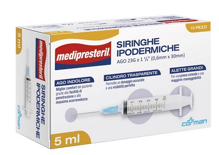 SIRINGA IPODERMICA MEDIPRESTERIL AGO 23 GAUGE 1 1/4 0,5X30MM 5 ML 10 PEZZI - Newepa Srl