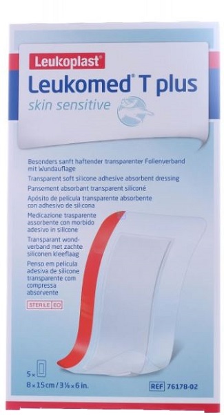 LEUKOMED T PLUS SKIN SENSITIVE MEDICAZIONE POST-OPERATORIA TRASPARENTE IMPERMEABILE CON MASSA ADESIVA AL SILICONE 8X15CM 5 PEZZI - Newepa Srl