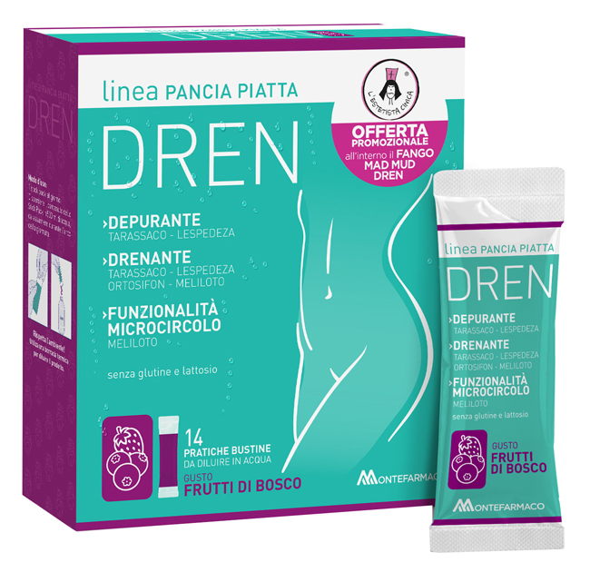 PANCIA PIATTA DREN FRUTTI DI BOSCO 14 BUSTINE STICK PACK + FANGO ATTIVO CELLULITE 100 ML OMAGGIO - Newepa Srl
