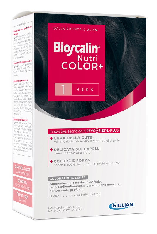 BIOSCALIN NUTRICOLOR PLUS 1 NERO CREMA COLORANTE 40 ML + RIVELATORE CREMA 60 ML + SHAMPOO 12 ML + TRATTAMENTO FINALE BALSAMO 12 ML - Newepa Srl