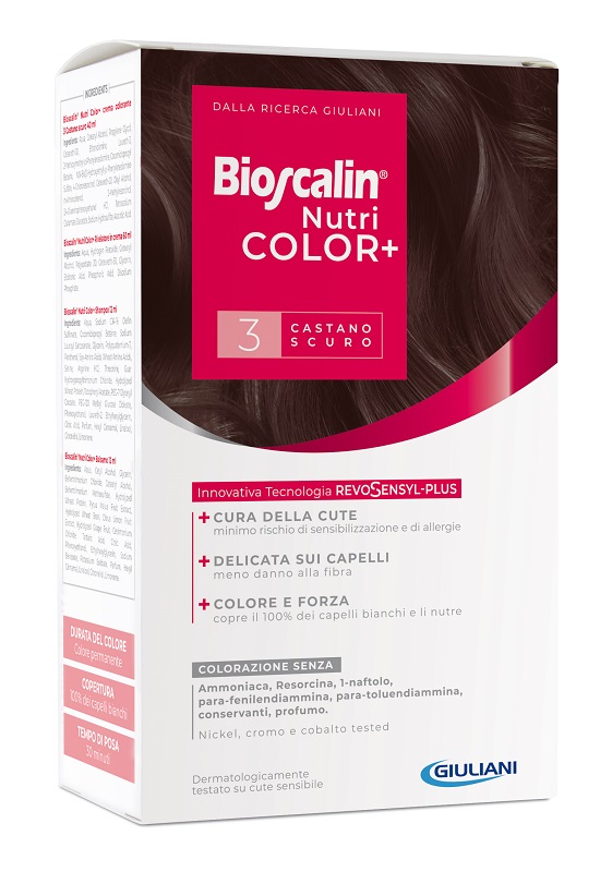 BIOSCALIN NUTRICOLOR PLUS 3 CASTANO SCURO CREMA COLORANTE 40 ML + RIVELATORE CREMA 60 ML + SHAMPOO 12 ML + TRATTAMENTO FINALE BALSAMO 12 ML - Newepa Srl