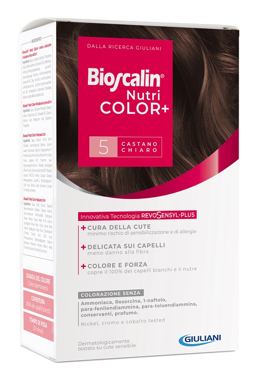 BIOSCALIN NUTRICOLOR PLUS 5 CASTANO CHIARO CREMA COLORANTE 40 ML + RIVELATORE CREMA 60 ML + SHAMPOO 12 ML + TRATTAMENTO FINALE BALSAMO 12 ML - Newepa Srl