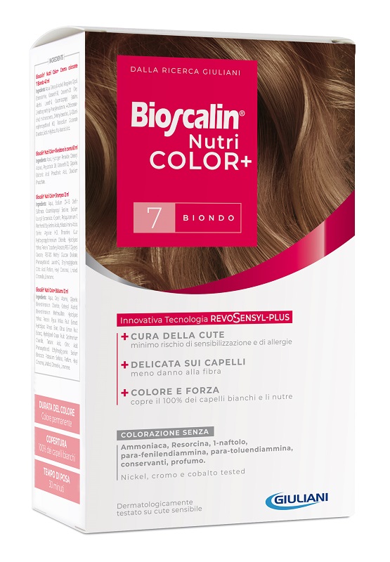 BIOSCALIN NUTRICOLOR PLUS 7 BIONDO CREMA COLORANTE 40 ML + RIVELATORE CREMA 60 ML + SHAMPOO 12 ML + TRATTAMENTO FINALE BALSAMO 12 ML - Newepa Srl