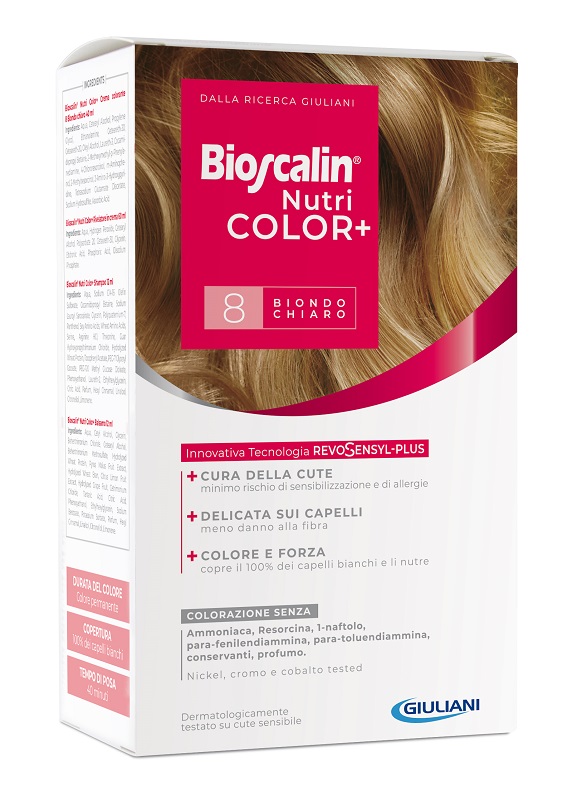 BIOSCALIN NUTRICOLOR PLUS 8 BIONDO CHIARO CREMA COLORANTE 40 ML + RIVELATORE CREMA 60 ML + SHAMPOO 12 ML + TRATTAMENTO FINALE BALSAMO 12 ML - Newepa Srl