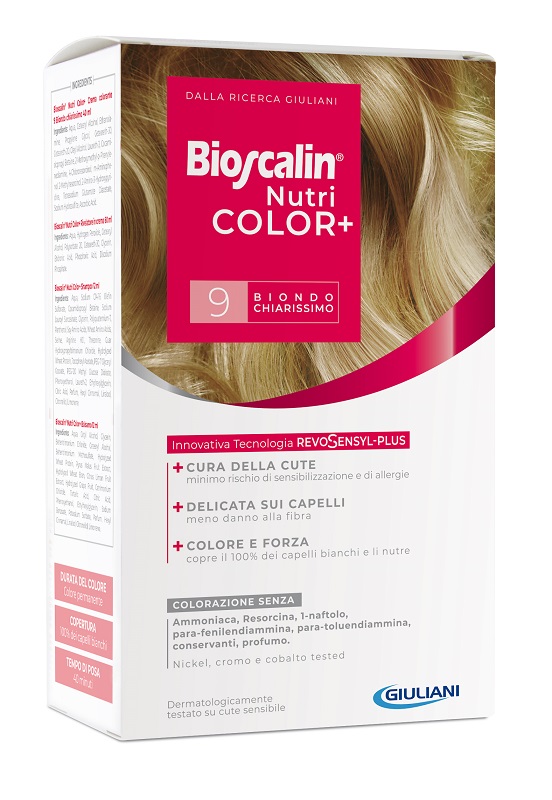 BIOSCALIN NUTRICOLOR PLUS 9 BIONDO CHIARISSIMO CREMA COLORANTE 40 ML + RIVELATORE CREMA 60 ML + SHAMPOO 12 ML + TRATTAMENTO FINALE BALSAMO 12 ML - Newepa Srl
