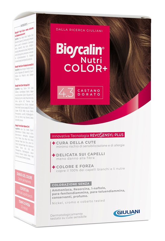 BIOSCALIN NUTRICOLOR PLUS 4,3 CASTANO DORATO CREMA COLORANTE 40 ML + RIVELATORE CREMA 60 ML + SHAMPOO 12 ML + TRATTAMENTO FINALE BALSAMO 12 ML - Newepa Srl