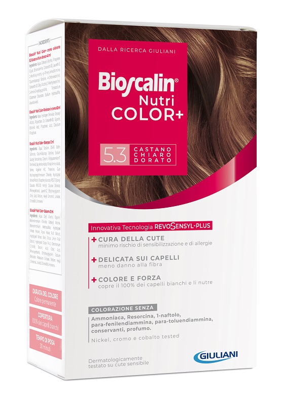 BIOSCALIN NUTRICOLOR PLUS 5,3 CASTANO CHIARO DORATO CREMA COLORANTE 40 ML + RIVELATORE CREMA 60 ML + SHAMPOO 12 ML + TRATTAMENTO FINALE BALSAMO 12 ML - Newepa Srl