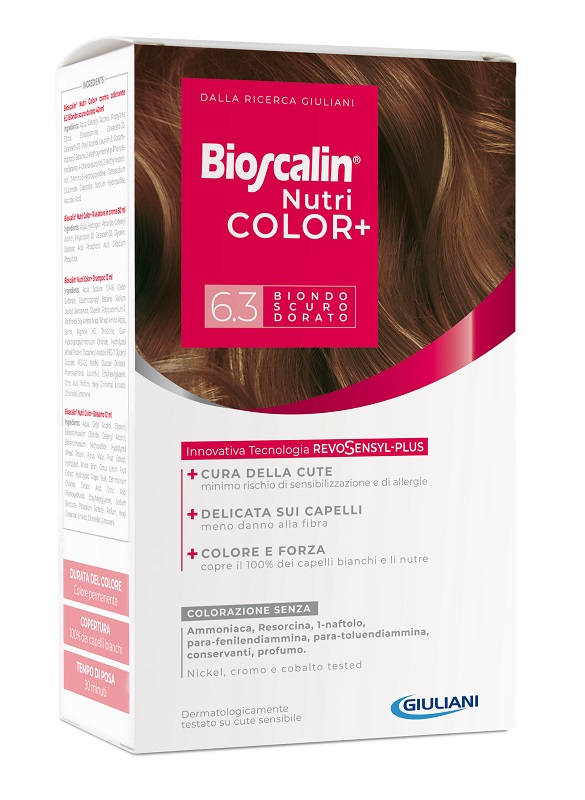 BIOSCALIN NUTRICOLOR PLUS 6,3 BIONDO SCURO DORATO CREMA COLORANTE 40 ML + RIVELATORE CREMA 60 ML + SHAMPOO 12 ML + TRATTAMENTO FINALE BALSAMO 12 ML - Newepa Srl
