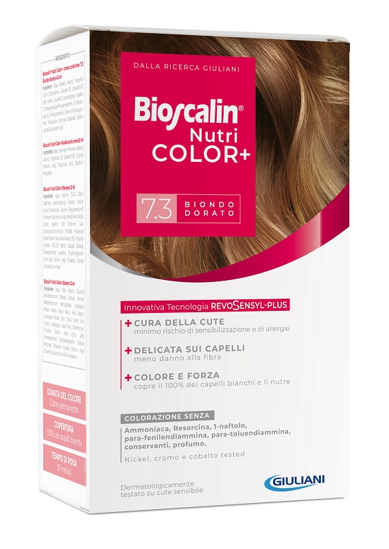 BIOSCALIN NUTRICOLOR PLUS 7,3 BIONDO DORATO CREMA COLORANTE 40 ML + RIVELATORE CREMA 60 ML + SHAMPOO 12 ML + TRATTAMENTO FINALE BALSAMO 12 ML - Newepa Srl