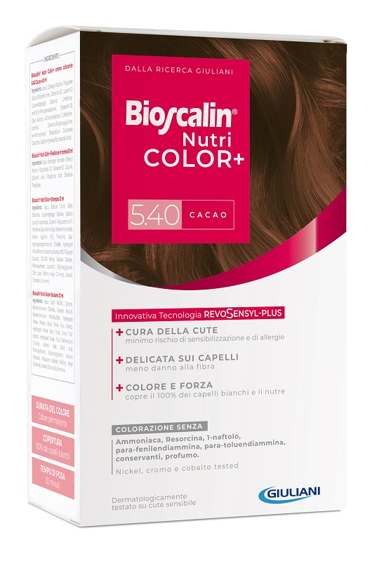 BIOSCALIN NUTRICOLOR PLUS 5,40 CACAO CREMA COLORANTE 40 ML + RIVELATORE CREMA 60 ML + SHAMPOO 12 ML + TRATTAMENTO FINALE BALSAMO 12 ML - Newepa Srl