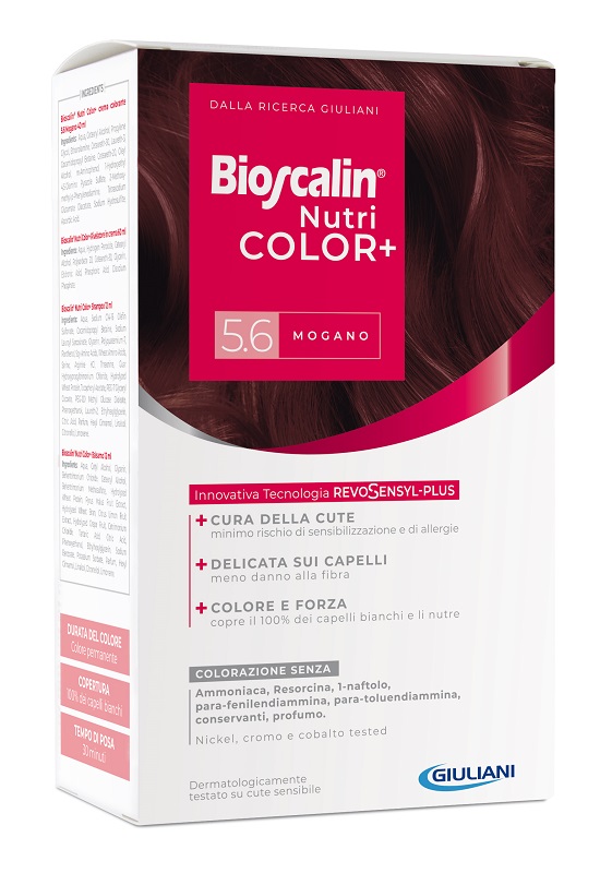 BIOSCALIN NUTRICOLOR PLUS 5,6 MOGANO CREMA COLORANTE 40 ML + RIVELATORE CREMA 60 ML + SHAMPOO 12 ML + TRATTAMENTO FINALE BALSAMO 12 ML - Newepa Srl