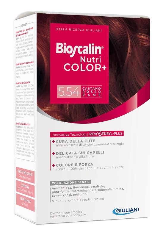 BIOSCALIN NUTRICOLOR PLUS 5,54 CASTANO ROSSO RAME CREMA COLORANTE 40 ML + RIVELATORE CREMA 60 ML + SHAMPOO 12 ML + TRATTAMENTO FINALE BALSAMO 12 ML - Newepa Srl