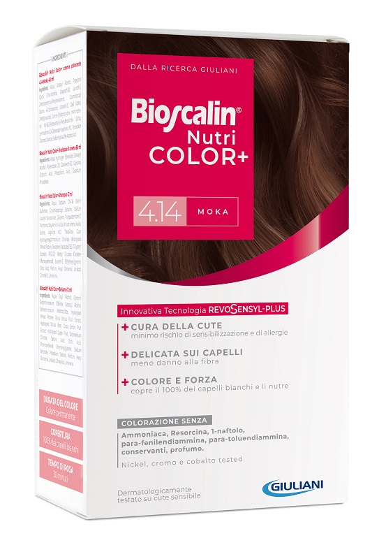 BIOSCALIN NUTRICOLOR PLUS 4,14 MOKA CREMA COLORANTE 40 ML + RIVELATORE CREMA 60 ML + SHAMPOO 12 ML + TRATTAMENTO FINALE BALSAMO 12 ML - Newepa Srl