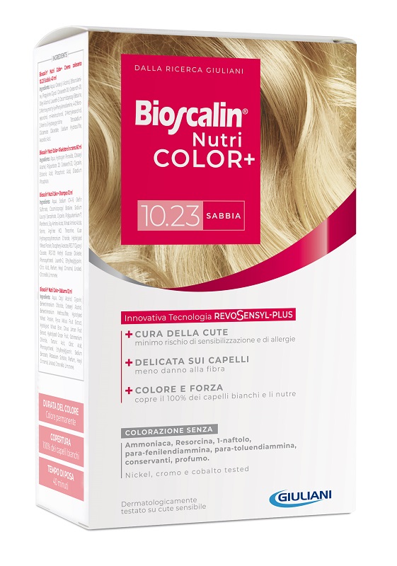 BIOSCALIN NUTRICOLOR PLUS 10,23 SABBIA CREMA COLORANTE 40 ML + RIVELATORE CREMA 60 ML + SHAMPOO 12 ML + TRATTAMENTO FINALE BALSAMO 12 ML - Newepa Srl