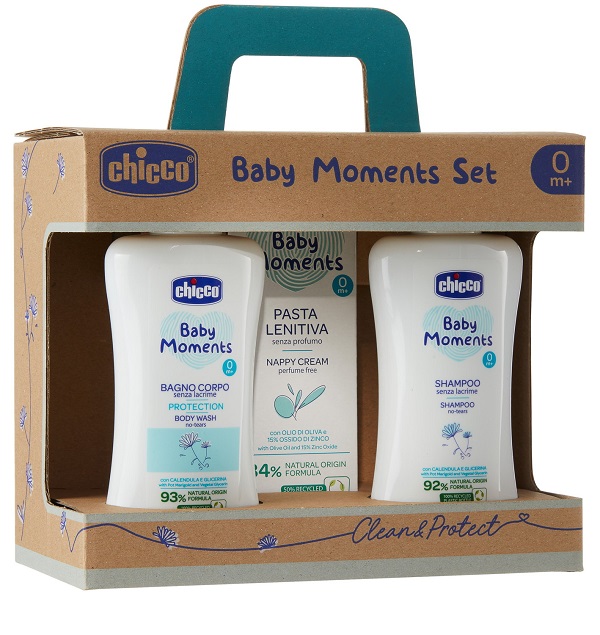 CHICCO BABY MOMENTS SET BAGNOCHIUMA PELLI DELICATE 200 ML + SHAMPOO PELLI DELICATE 200 ML + PASTA CAMBIO PELLI DELICATE 100 ML - Newepa Srl