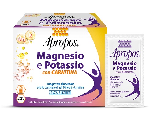 APROPOS MAGNESIO E POTASSIO CON CARNITINA 24 BUSTINE SOLUBILI DA 3,5 G GUSTO ARANCIA SENZA ZUCCHERI - Newepa Srl