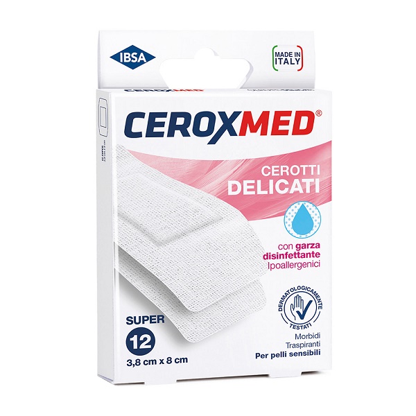 CEROTTI DELICATI CEROXMED CON GARZA DISINFETTANTE IPOALLERGENICI PER PELLI SENSIBILI SUPER 3,8X8CM 12 PEZZI - Newepa Srl