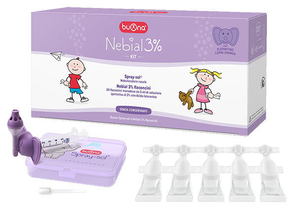 NEBIAL 3% KIT 20 FLACONCINI MONODOSE 5ML SOLUZIONE IPERTONICA CON ACIDO IALURONICO + NEBULIZZATORE SPRAY-SOL - Newepa Srl
