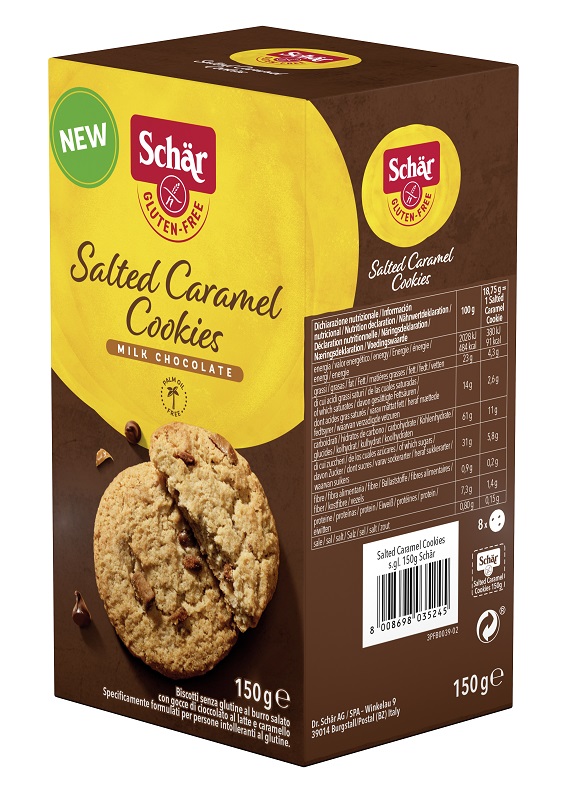 SCHAR SALTED CARAMEL COOKIES CON GOCCE DI CIOCCOLATO AL LATTE E CARAMELLO 150 G - Newepa Srl