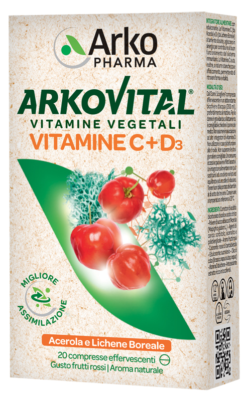 ARKOVITAL VITAMINE C+D3 20 COMPRESSE EFFERVESCENTI GUSTO FRUTTI ROSSI - Newepa Srl