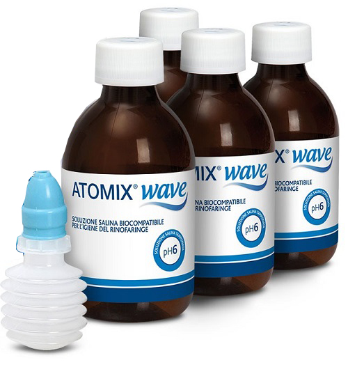 ATOMIX WAVE DISPOSITIVO PER IGIENE RINOFARINGEA ATOMIX SOLUZIONE SALINA 4 FLACONI DA 250 ML - Newepa Srl