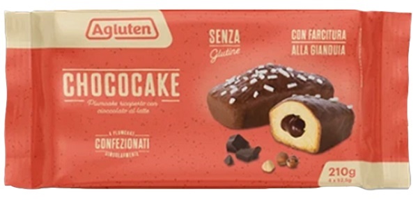 AGLUTEN CHOCOCAKE 4 PLUMCAKE RICOPERTI CON CIOCCOLATO AL LATTE CON FARCITURA ALLA GIANDUIA X 52,5G - Newepa Srl