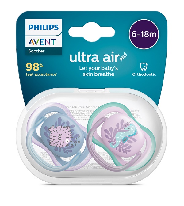 AVENT ULTRA AIR CIUCCIO ORTODONTICO 6-18 MESI PESCE PALLA/CAVALLUCCIO MARINO 2 PEZZI - Newepa Srl