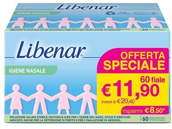 SOLUZIONE SALINA ISOTONICA 0,9% LIBENAR PER IGIENE NASALE 60 FLACONCINI MONOUSO X 5 ML - Newepa Srl