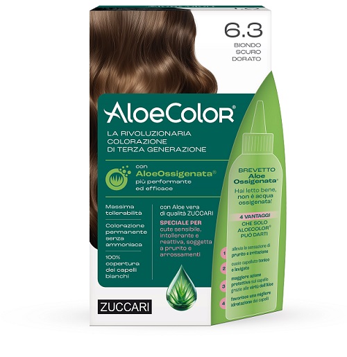 ALOECOLOR 6,3 BIONDO SCURO DORATO TINTA PERMANENTE CAPELLI COLORE AD ALTA PIGMENTAZIONE 50 ML + RIVELATORE ALOEOSSIGENATA 75 ML + SHAMPOO ALOECARE 15 ML + GUANTI - Newepa Srl